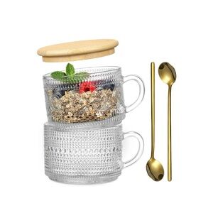 14oz Coffee Mugs, Oats Containers w/Bamboo Lids & Spoons, 2 NEW Clear Glass Cups